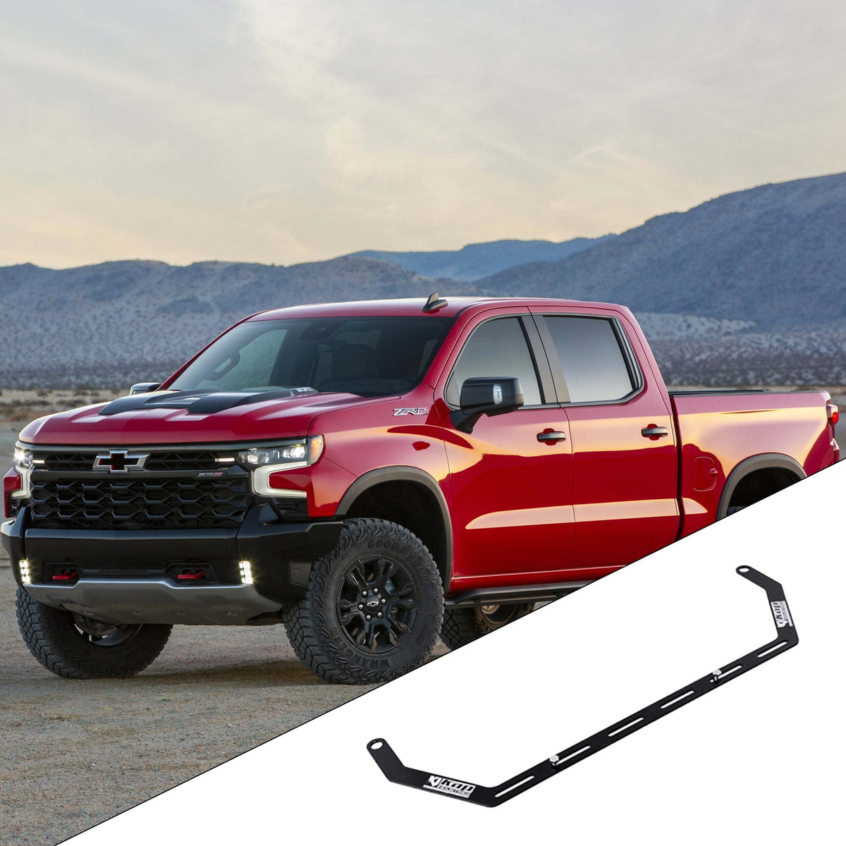 2019+ Chevrolet Silverado 1500 4th Gen with the vehicle-specific KAP fire extinguisher bracket shown inset
