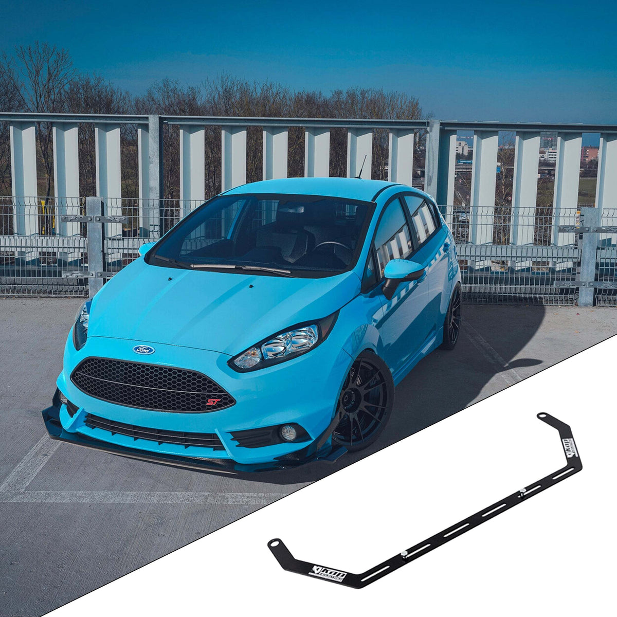 2011-2019 Ford Fiesta MK7 with the vehicle-specific KAP fire extinguisher bracket shown inset