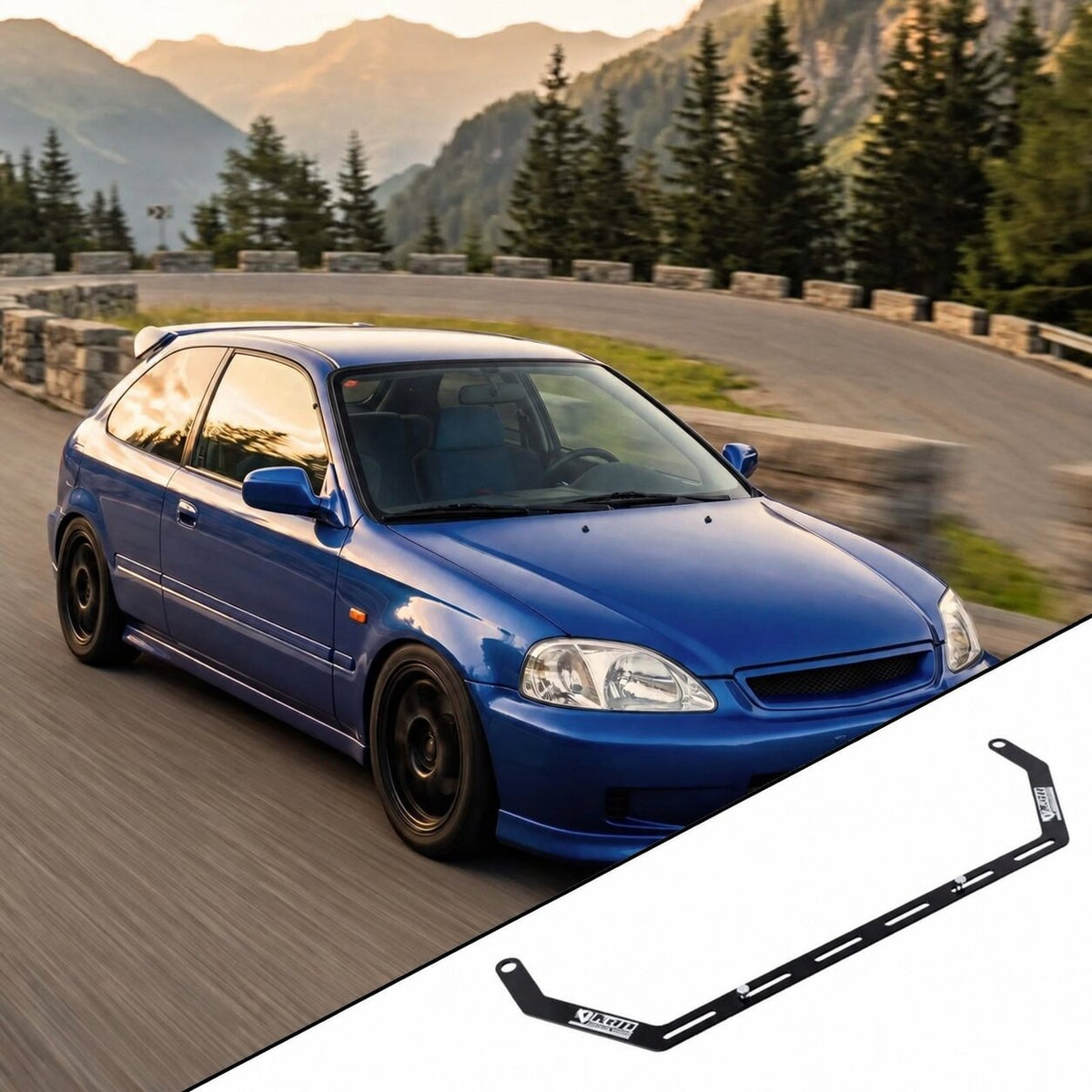 1996-2000 Honda Civic EK with the vehicle-specific KAP fire extinguisher bracket shown inset