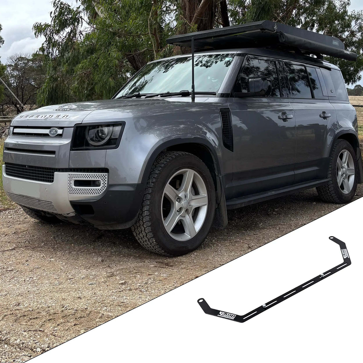 2020+ Land Rover Defender L663 with the vehicle-specific KAP fire extinguisher bracket shown inset