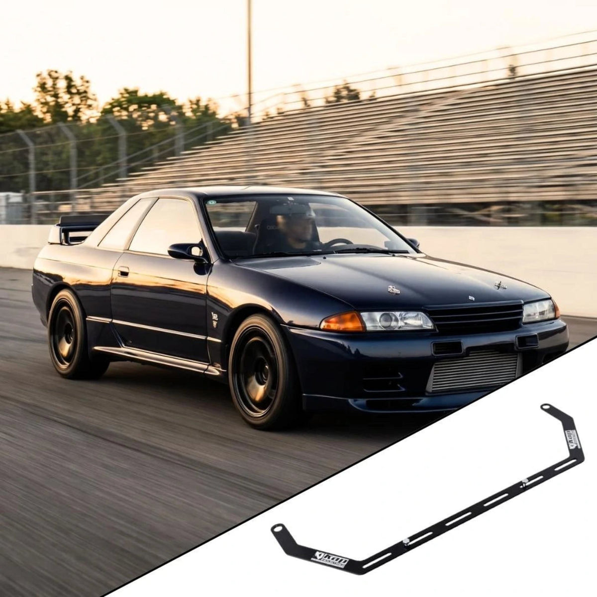 Nissan Skyline GT-R R32 with the vehicle-specific KAP fire extinguisher bracket shown inset