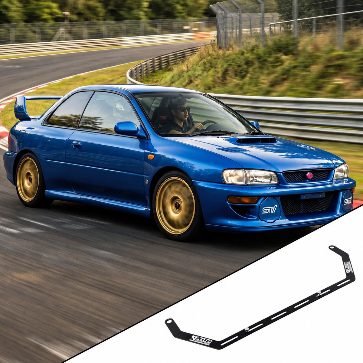 Subaru Impreza WRX/STI GC with the vehicle-specific KAP fire extinguisher bracket shown inset