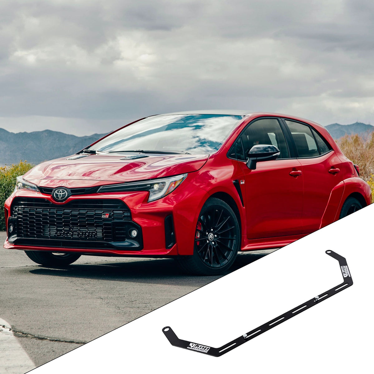 2023+ Toyota Corolla / GR Corolla E210 / GZEA14H with the vehicle-specific KAP fire extinguisher bracket shown inset