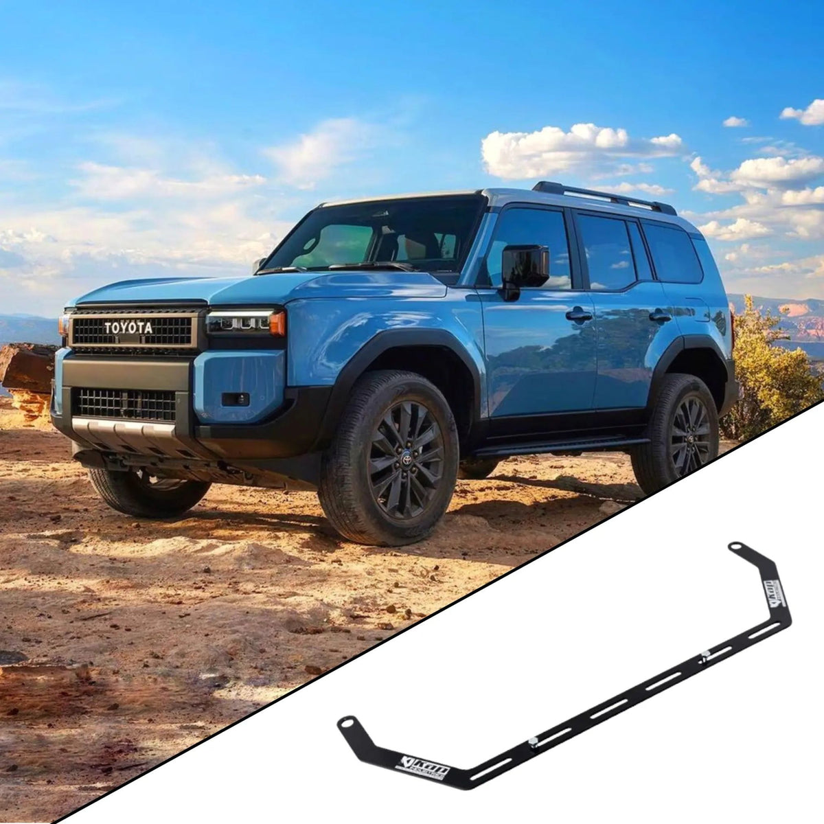 2024+ Toyota LandCruiser 250 Series with the vehicle-specific KAP fire extinguisher bracket shown inset