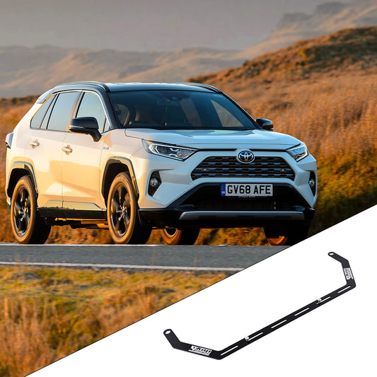 2019-2025 Toyota RAV4 5th Gen with the vehicle-specific KAP fire extinguisher bracket shown inset