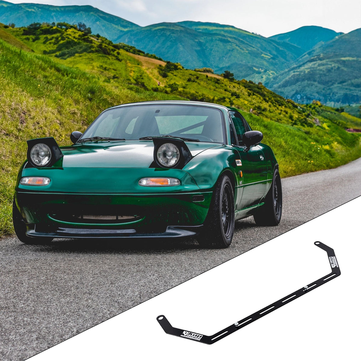1990-1997 Mazda MX-5 Miata NA with the vehicle-specific KAP fire extinguisher bracket shown inset
