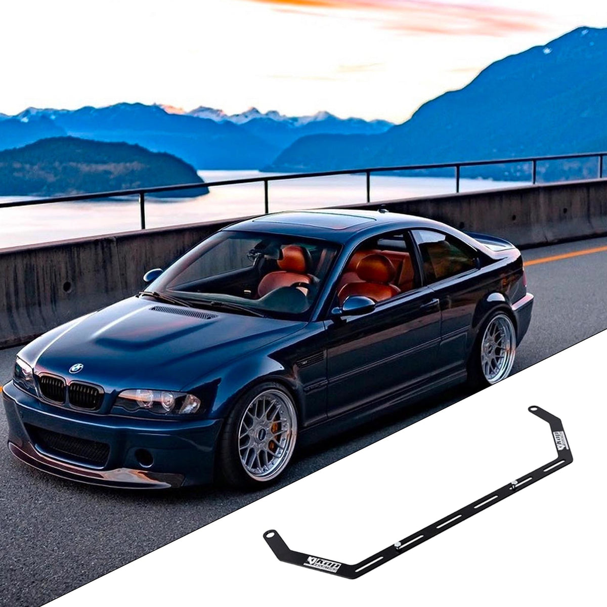 1999-2006 BMW 3 Series E46 with the vehicle-specific KAP fire extinguisher bracket shown inset