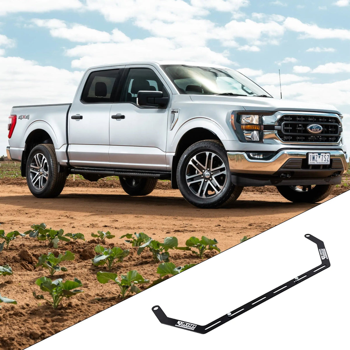 2021+ Ford F-150 14th Gen pickup with the vehicle-specific KAP fire extinguisher bracket shown inset