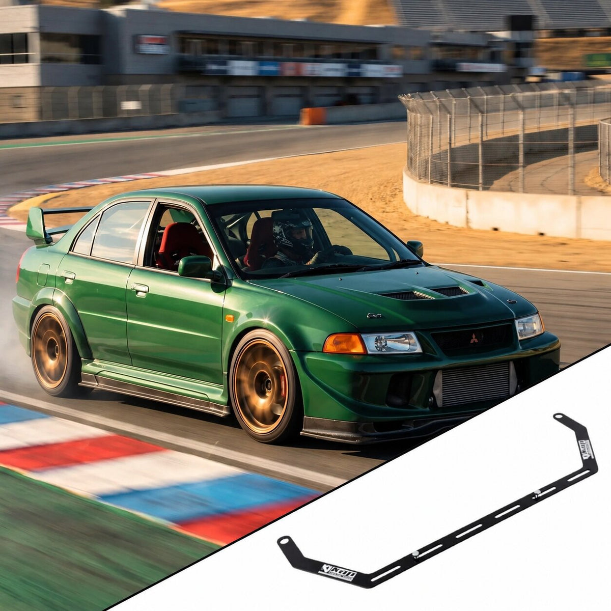 Mitsubishi Lancer Evolution VI with the vehicle-specific KAP fire extinguisher bracket shown inset