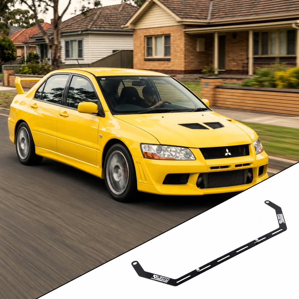 Mitsubishi Lancer Evolution VII with the vehicle-specific KAP fire extinguisher bracket shown inset
