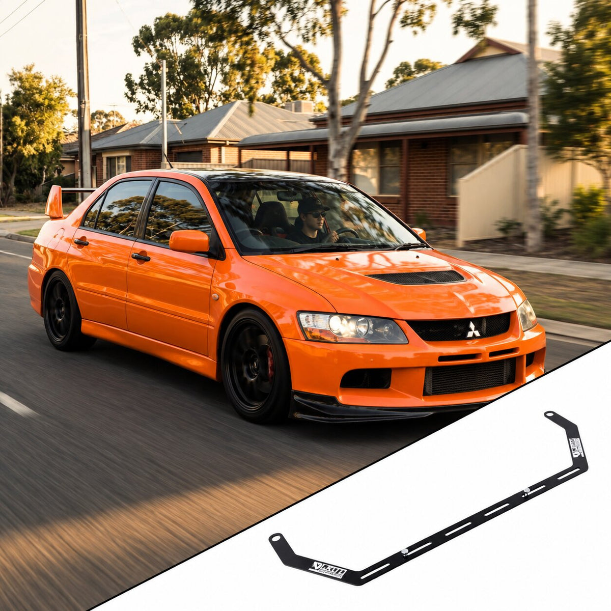 2005-2006 Mitsubishi Lancer Evolution IX with the vehicle-specific KAP fire extinguisher bracket shown inset