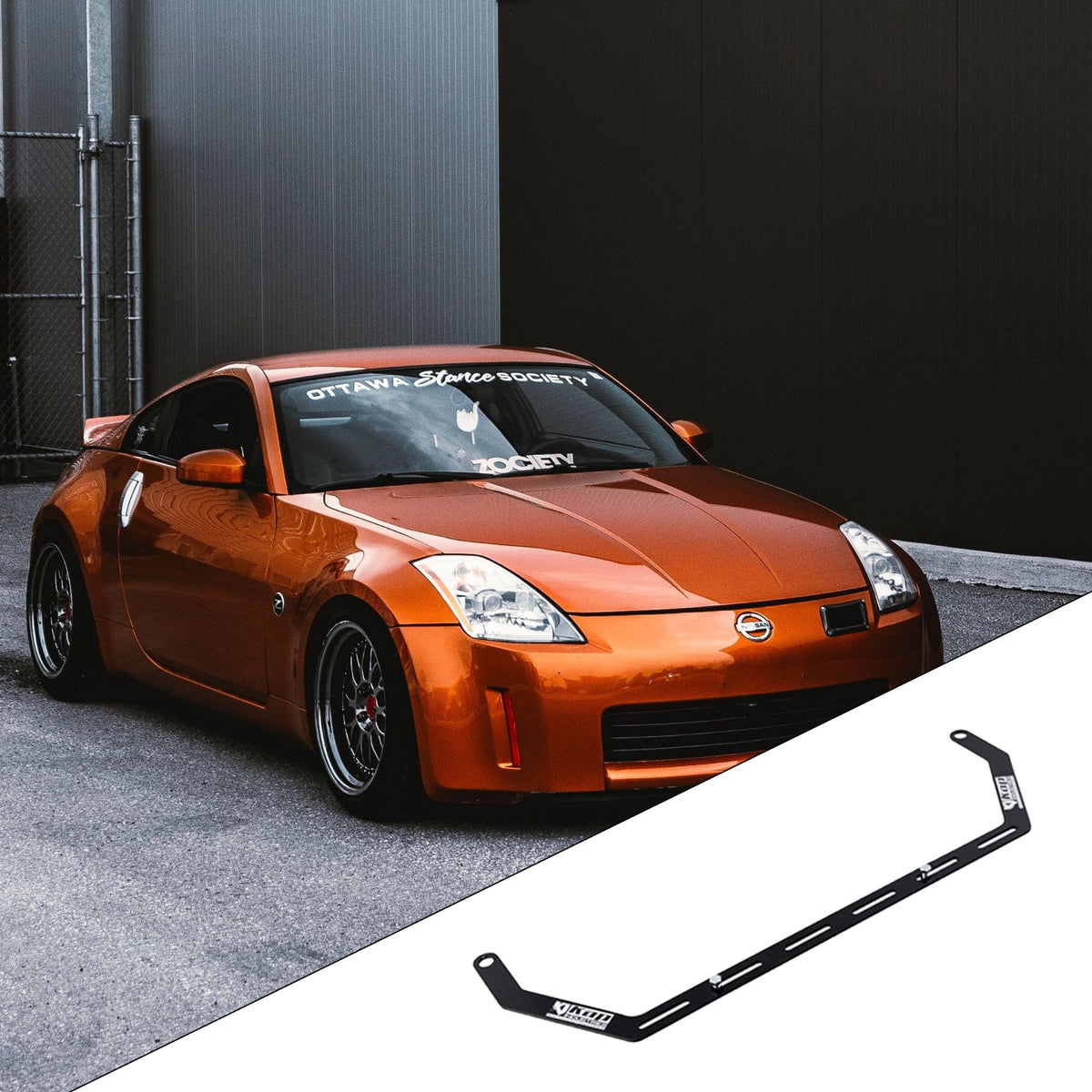 2003-2009 Nissan 350Z Z33 with the vehicle-specific KAP fire extinguisher bracket shown inset