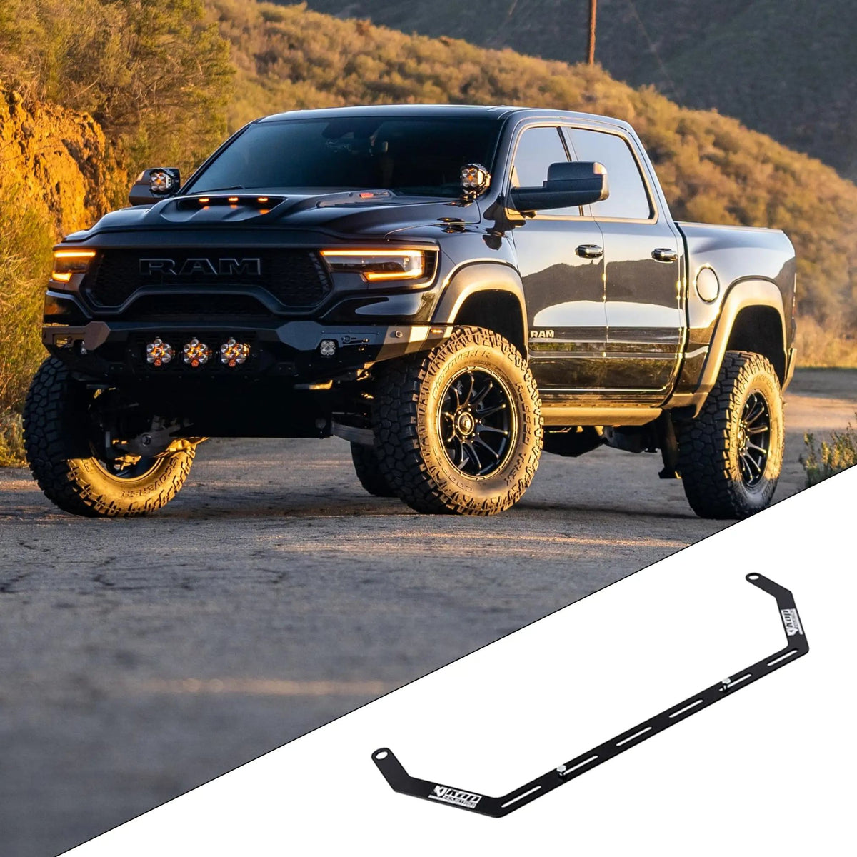 2019+ RAM 1500 DT with the vehicle-specific KAP fire extinguisher bracket shown inset