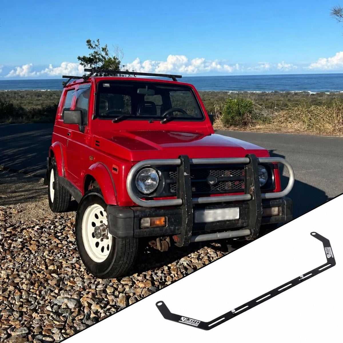 1985-1995 Suzuki Samurai SJ70 with the vehicle-specific KAP fire extinguisher bracket shown inset