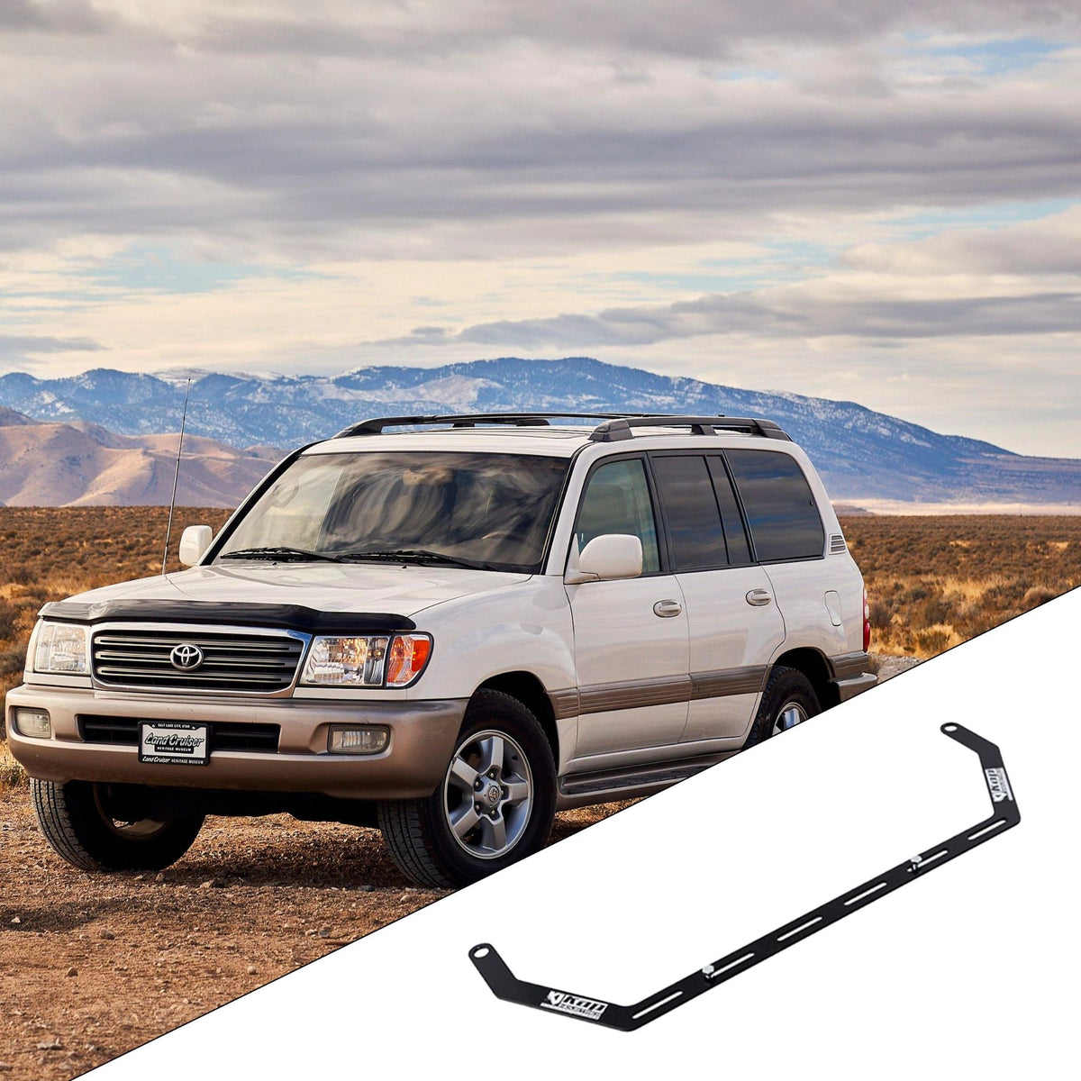 1998-2007 Toyota LandCruiser 100 Series with the vehicle-specific KAP fire extinguisher bracket shown inset