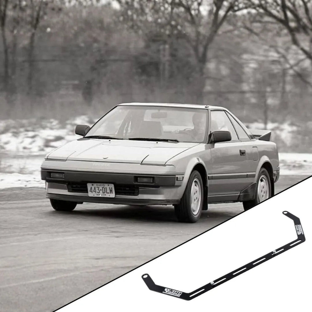 1985-1989 Toyota MR2 AW11 with the vehicle-specific KAP fire extinguisher bracket shown inset