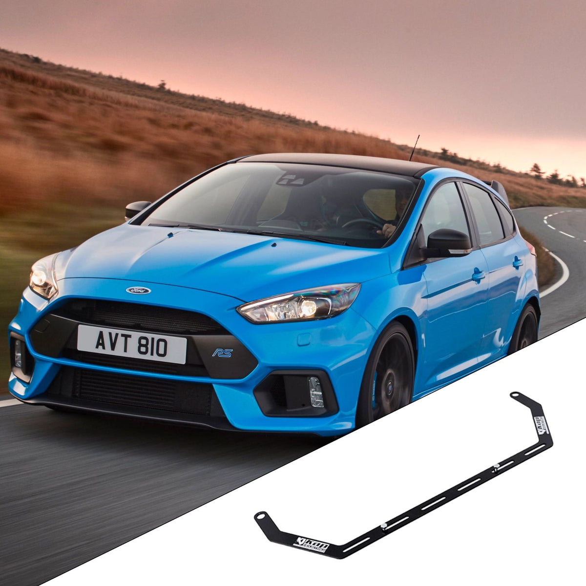 2012-2018 Ford Focus MK2 / MK3 with the vehicle-specific KAP fire extinguisher bracket shown inset
