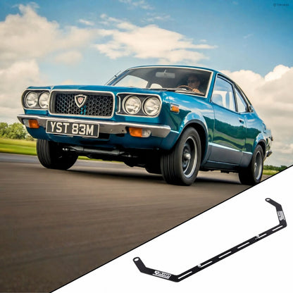 1972-1978 Mazda RX-3 with the vehicle-specific KAP fire extinguisher bracket shown inset