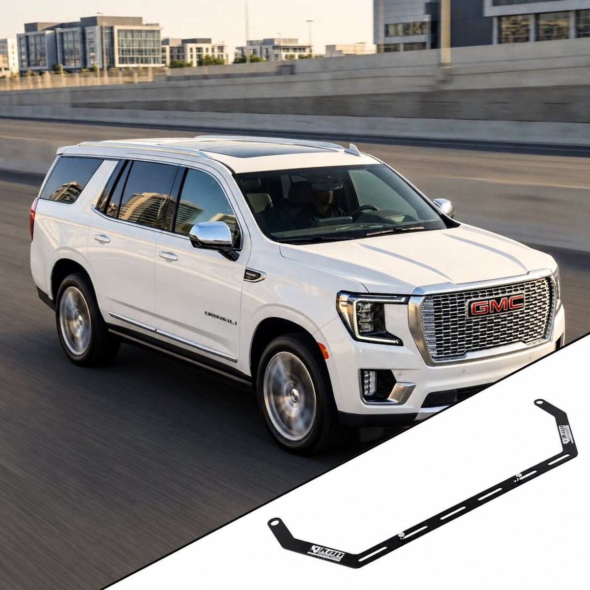 2021+ GMC Yukon 5th Gen (GMT T1) with the vehicle-specific KAP fire extinguisher bracket shown inset