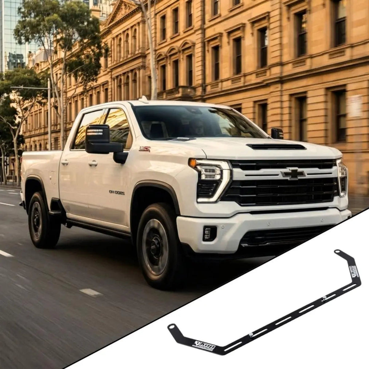 2020+ Chevrolet Silverado 2500 HD 4th Gen (GMT T1) with the vehicle-specific KAP fire extinguisher bracket shown inset