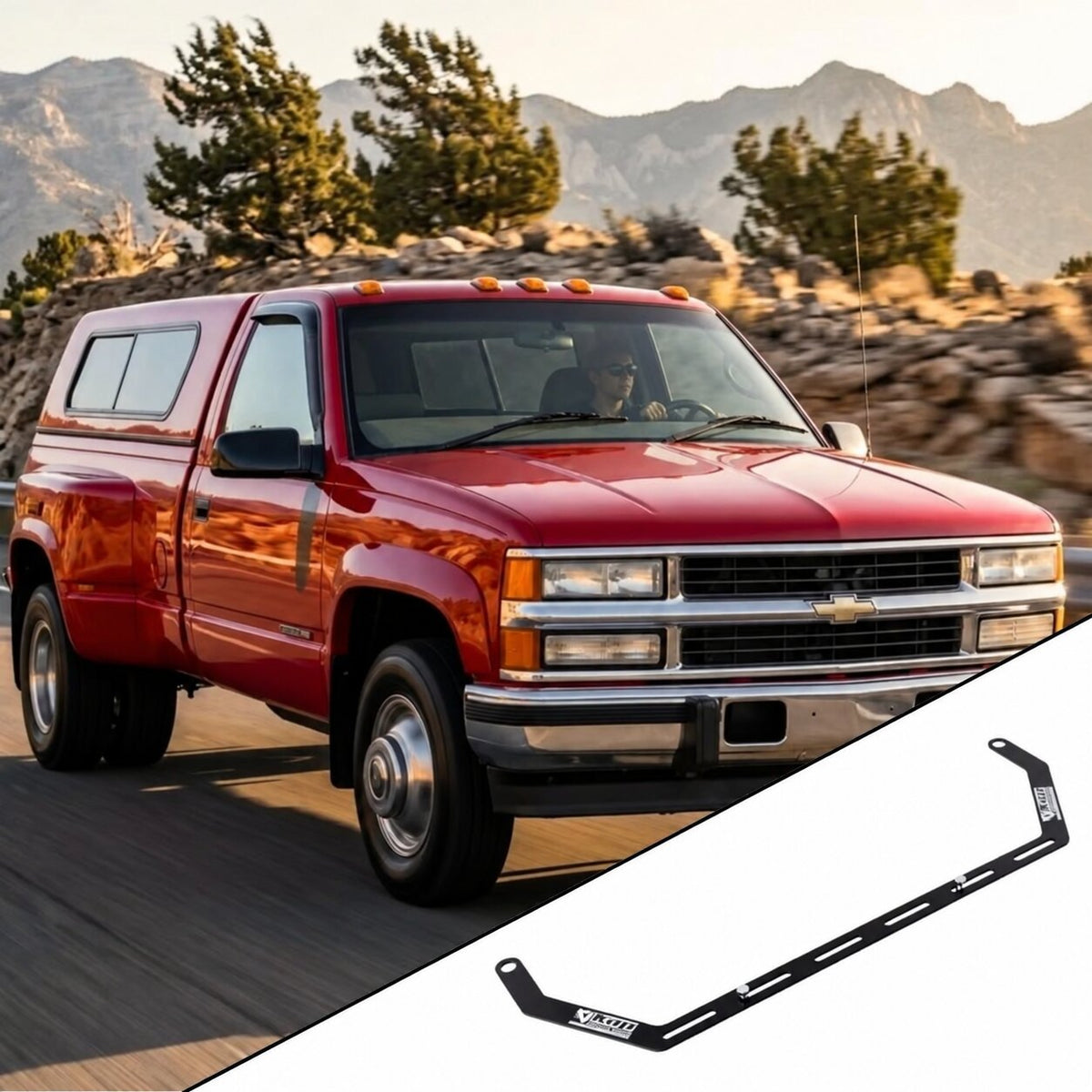 2020+ Chevrolet Silverado 3500 HD 4th Gen (GMT T1) with the vehicle-specific KAP fire extinguisher bracket shown inset