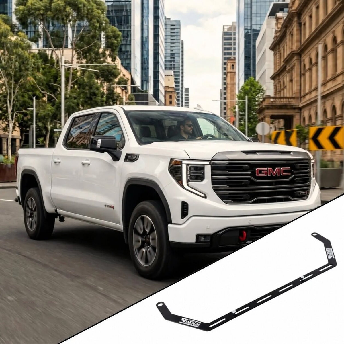 2020+ GMC Sierra 2500 HD 5th Gen (GMT T1) with the vehicle-specific KAP fire extinguisher bracket shown inset