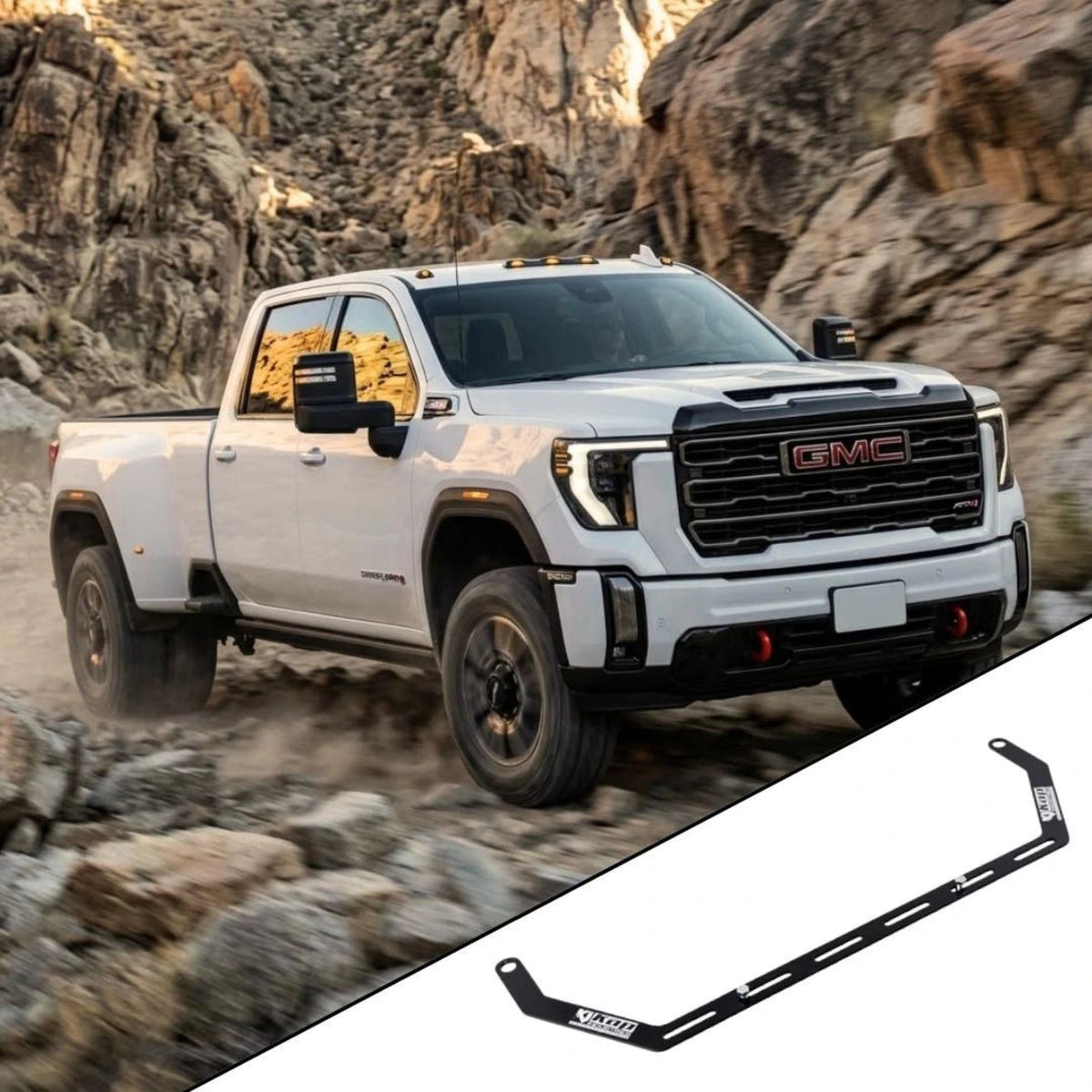 2020+ GMC Sierra 3500 HD 5th Gen (GMT T1) with the vehicle-specific KAP fire extinguisher bracket shown inset