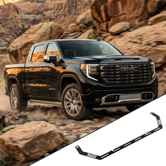 2019+ GMC Sierra 1500 5th Gen (GMT T1) with the vehicle-specific KAP fire extinguisher bracket shown inset