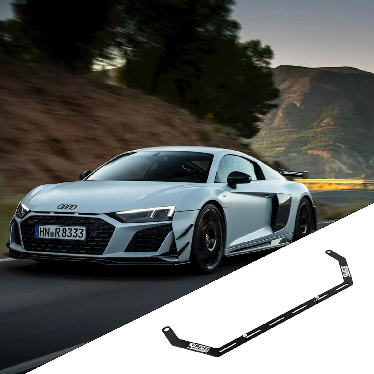 2017-2023 Audi R8 Gen 2 (4S) with the vehicle-specific KAP fire extinguisher bracket shown inset
