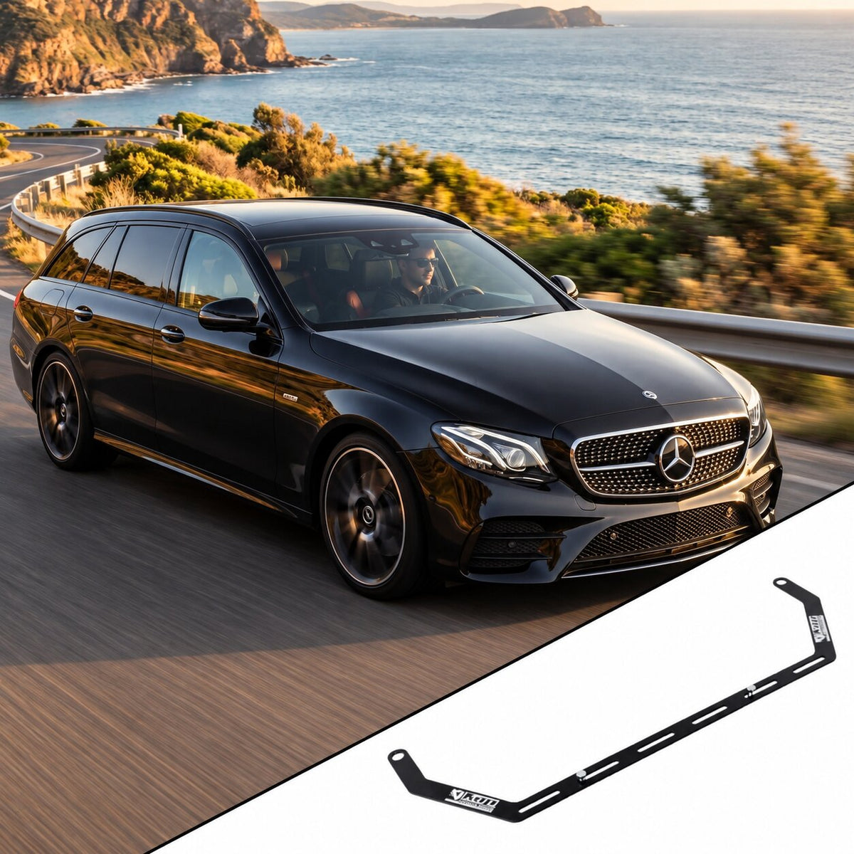 Mercedes-Benz E43 AMG Wagon S213 with the vehicle-specific KAP fire extinguisher bracket shown inset