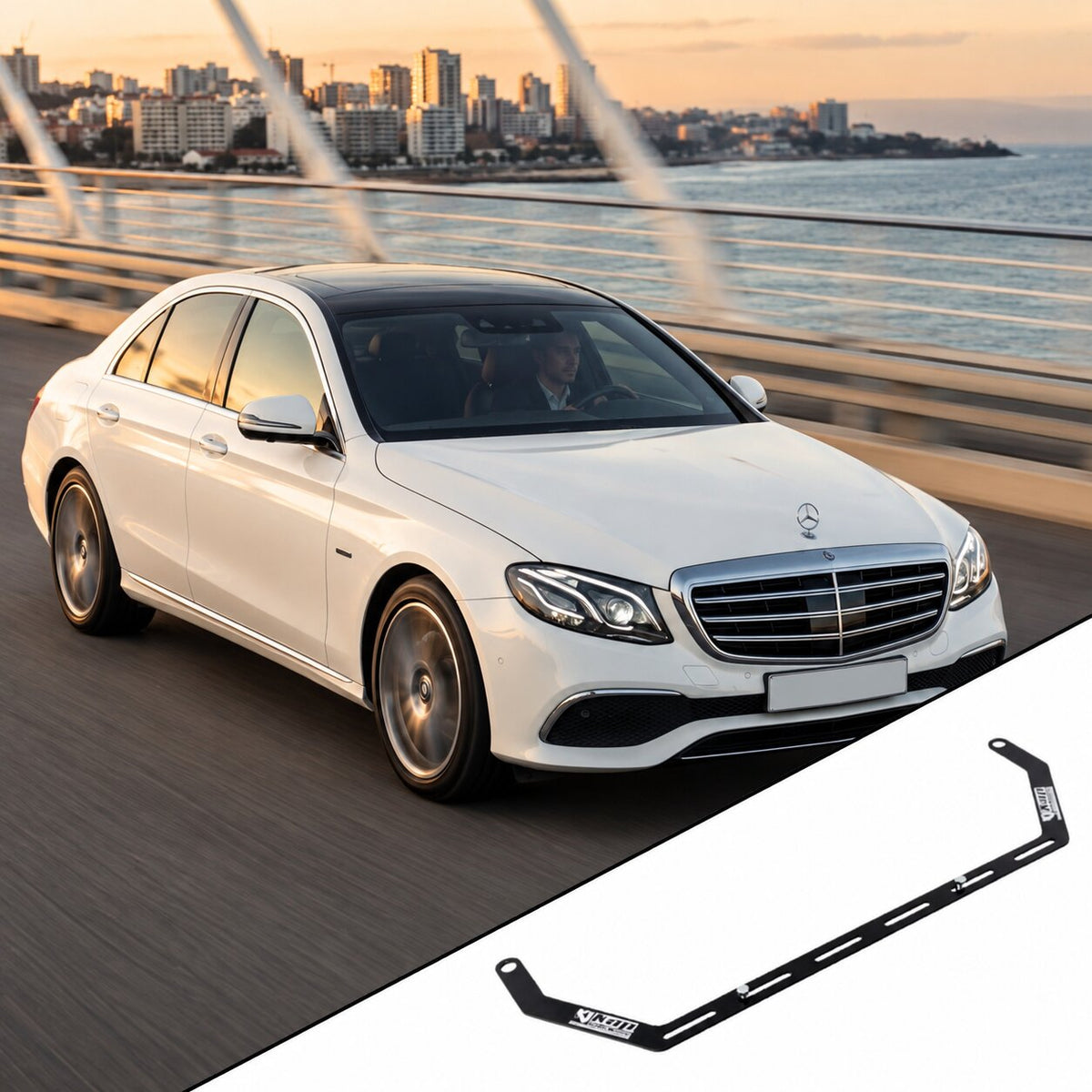 2017-2023 Mercedes-Benz E-Class W213 with the vehicle-specific KAP fire extinguisher bracket shown inset