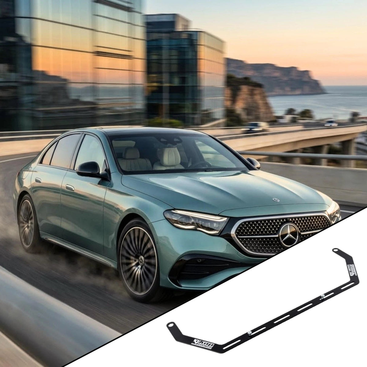 2024+ Mercedes-Benz E-Class W214 with the vehicle-specific KAP fire extinguisher bracket shown inset