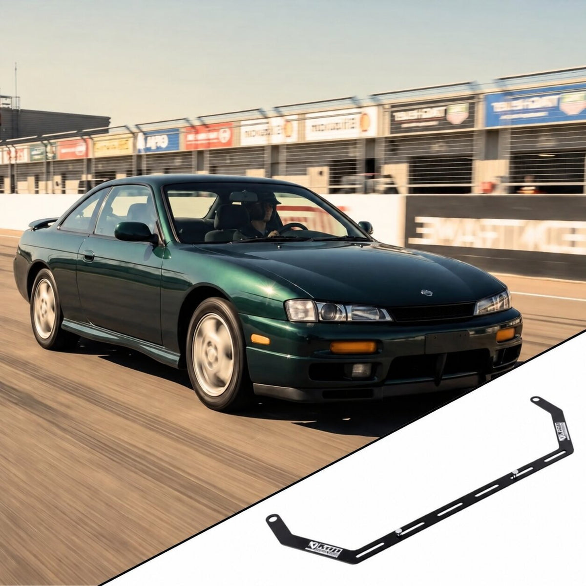 1995-1998 Nissan 240SX S14 with the vehicle-specific KAP fire extinguisher bracket shown inset