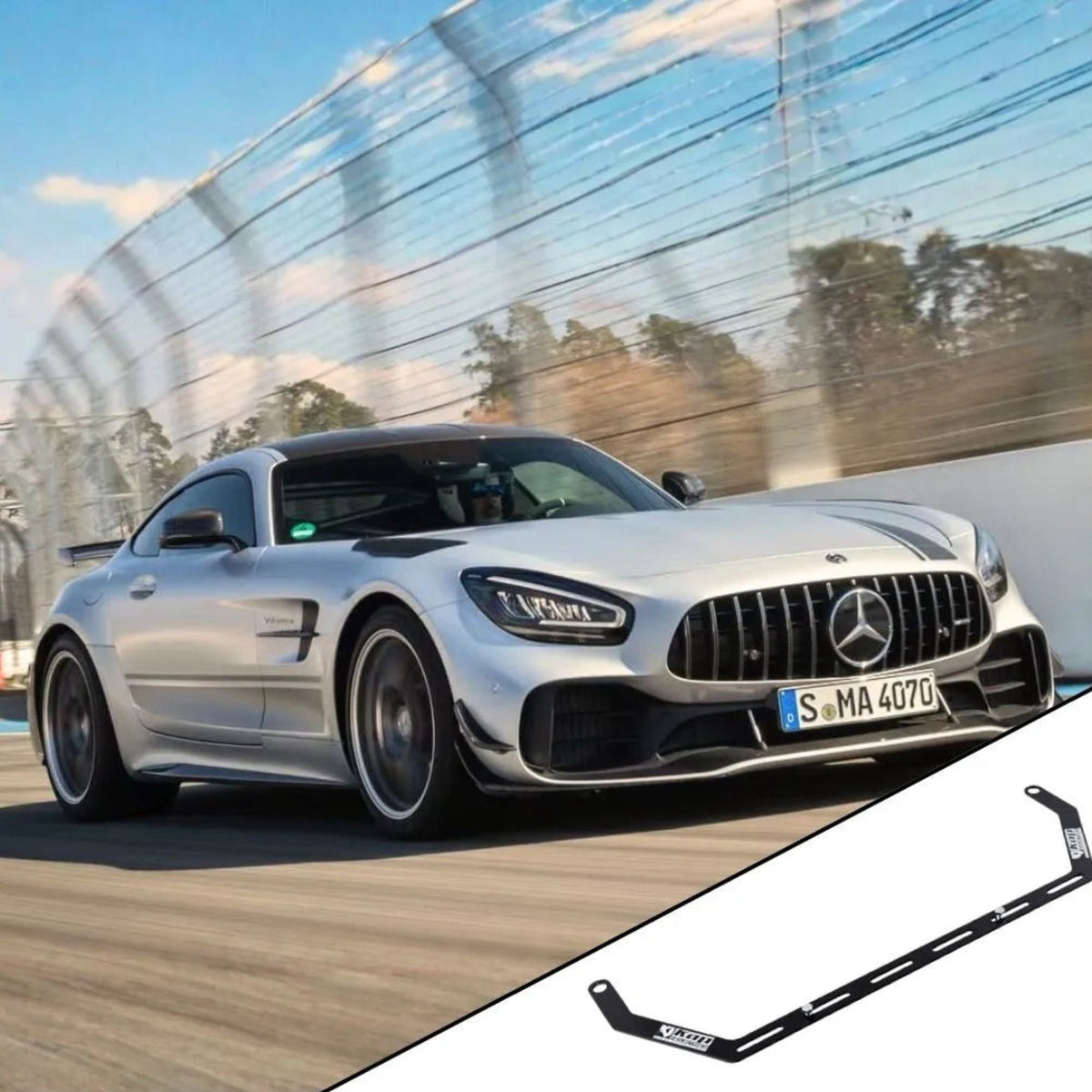 2015-2023 Mercedes-Benz AMG GT C190 / R190 with the vehicle-specific KAP fire extinguisher bracket shown inset