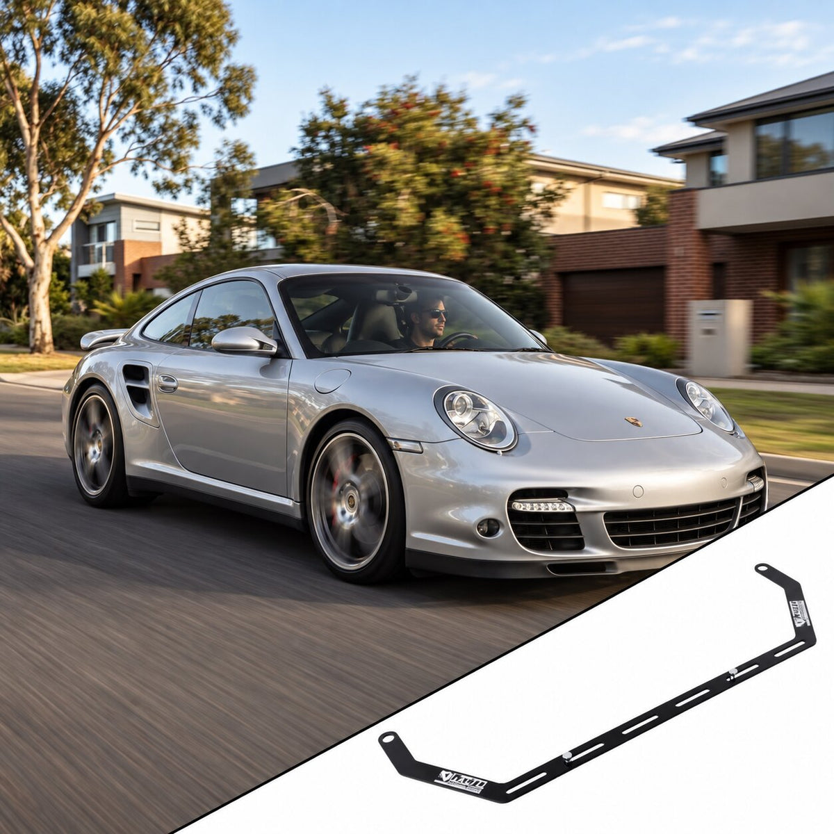 2005-2012 Porsche 911 997 with the vehicle-specific KAP fire extinguisher bracket shown inset