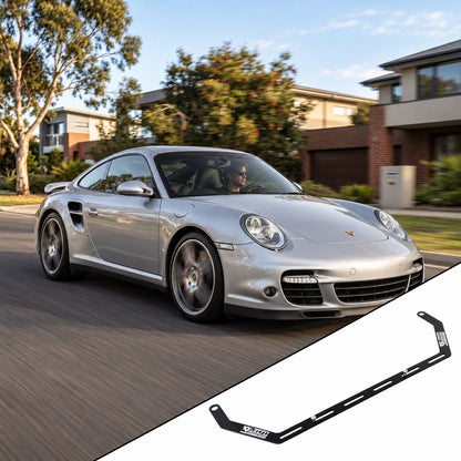 2005-2012 Porsche 911 997 with the vehicle-specific KAP fire extinguisher bracket shown inset