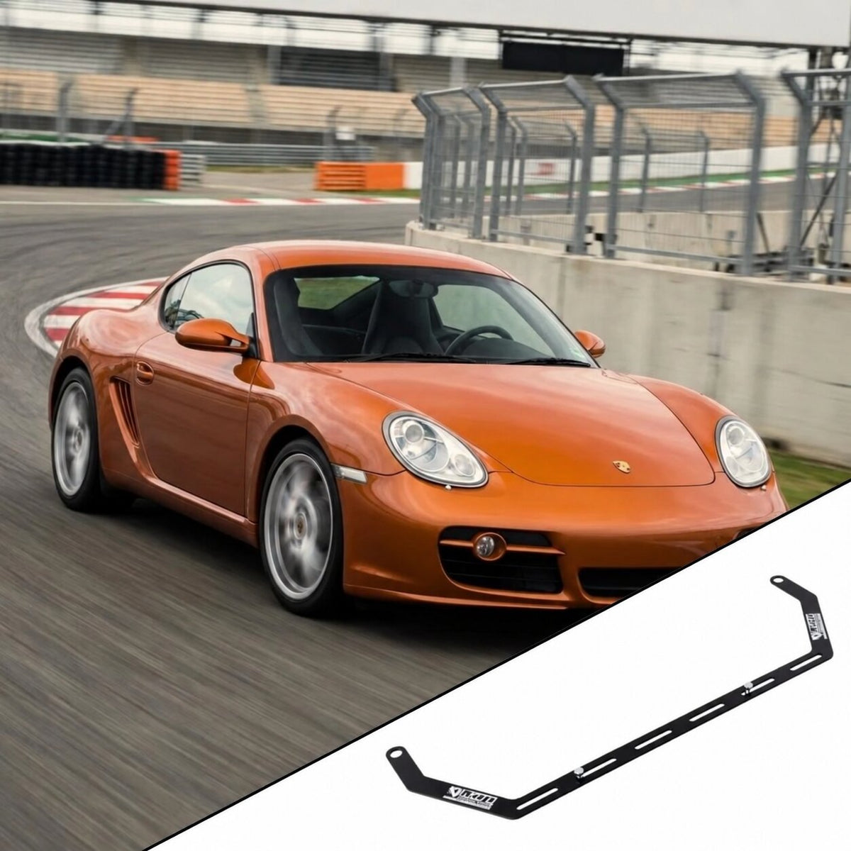 2006-2012 Porsche Cayman 987 with the vehicle-specific KAP fire extinguisher bracket shown inset