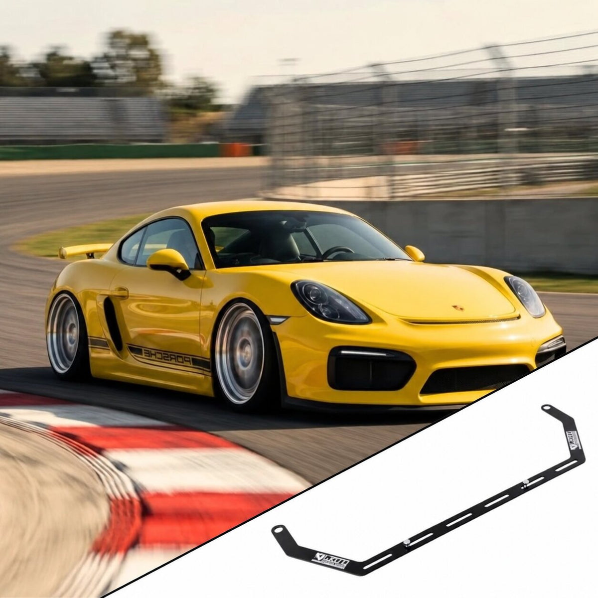 2013-2016 Porsche Cayman 981 with the vehicle-specific KAP fire extinguisher bracket shown inset