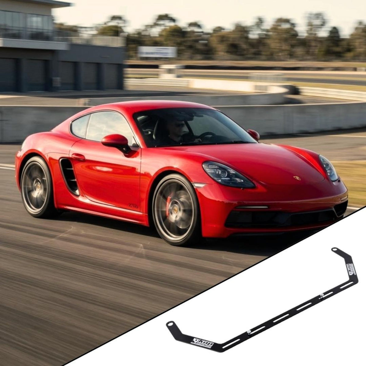 2017-2025 Porsche 718 Cayman 982 with the vehicle-specific KAP fire extinguisher bracket shown inset