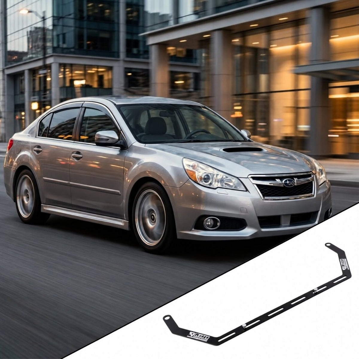 2010-2014 Subaru Legacy BM with the vehicle-specific KAP fire extinguisher bracket shown inset