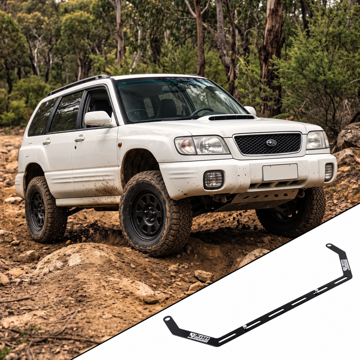1998-2002 Subaru Forester SF with the vehicle-specific KAP fire extinguisher bracket shown inset