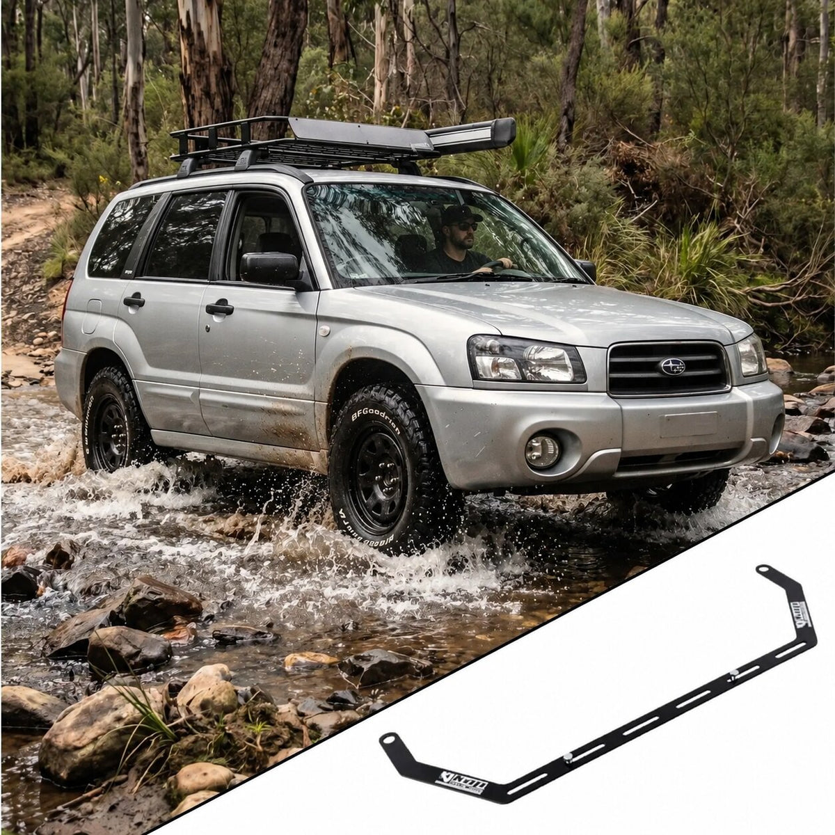 2003-2008 Subaru Forester SG with the vehicle-specific KAP fire extinguisher bracket shown inset