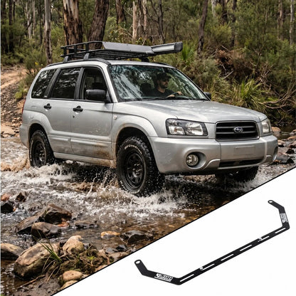 2003-2008 Subaru Forester SG with the vehicle-specific KAP fire extinguisher bracket shown inset