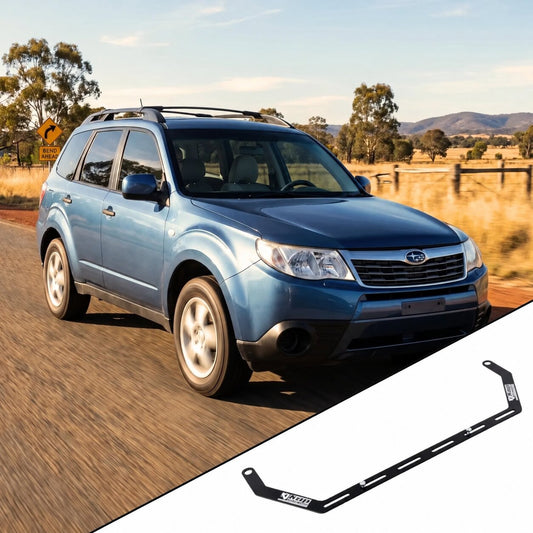 2009-2013 Subaru Forester SH with the vehicle-specific KAP fire extinguisher bracket shown inset