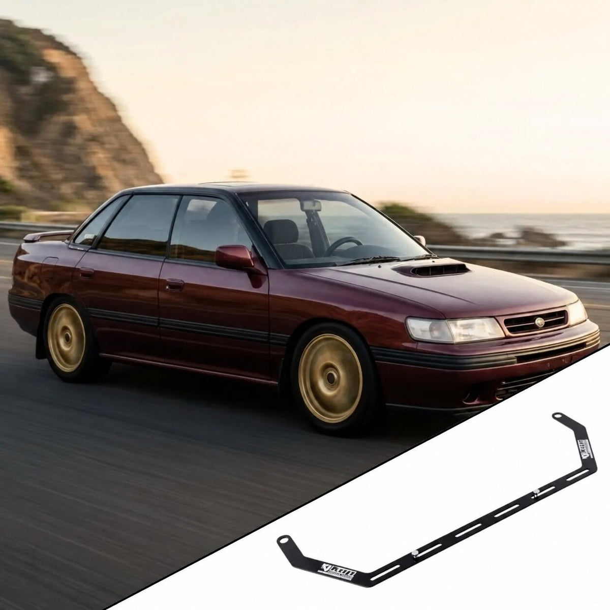 1990-1994 Subaru Legacy BC with the vehicle-specific KAP fire extinguisher bracket shown inset