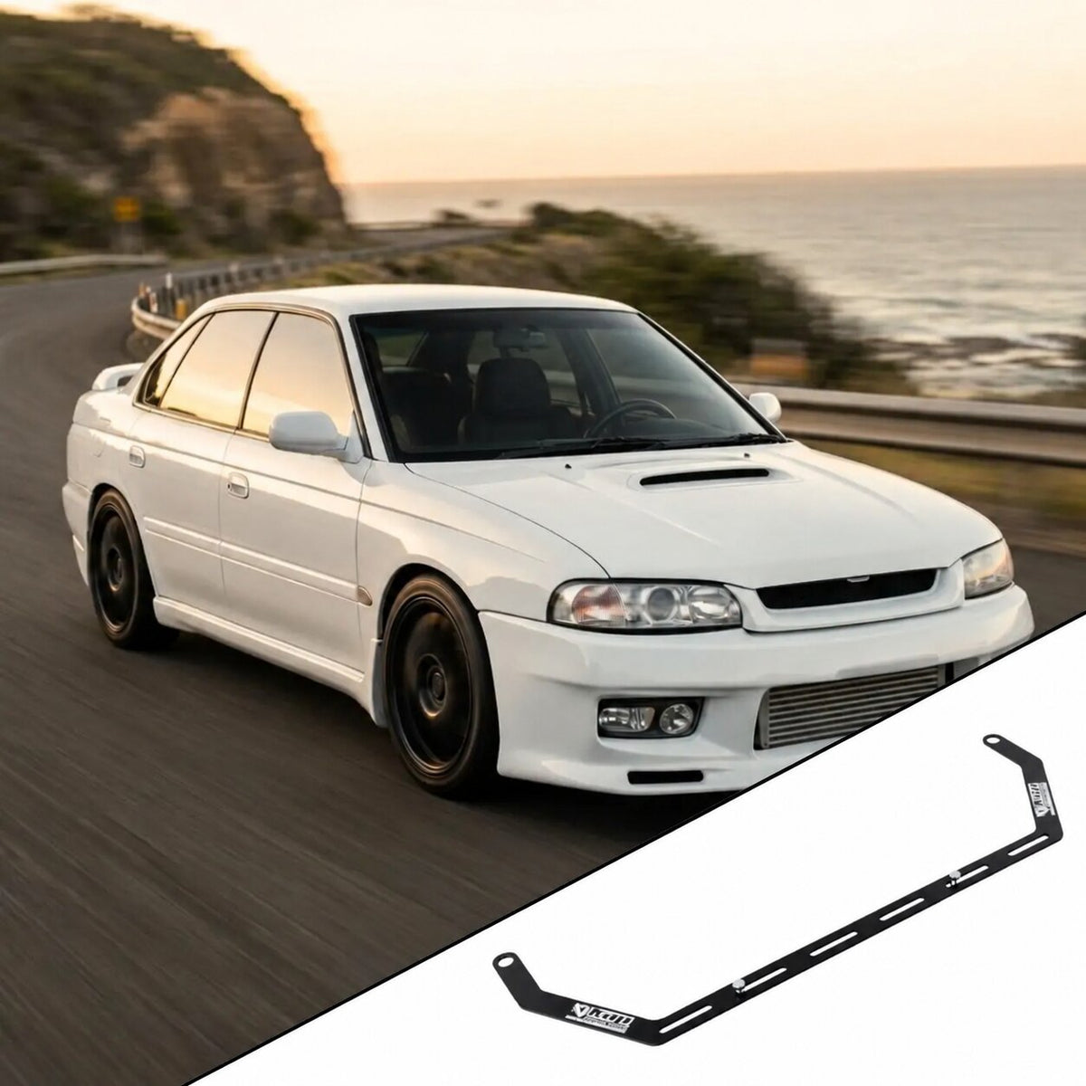 1995-1999 Subaru Legacy BD with the vehicle-specific KAP fire extinguisher bracket shown inset