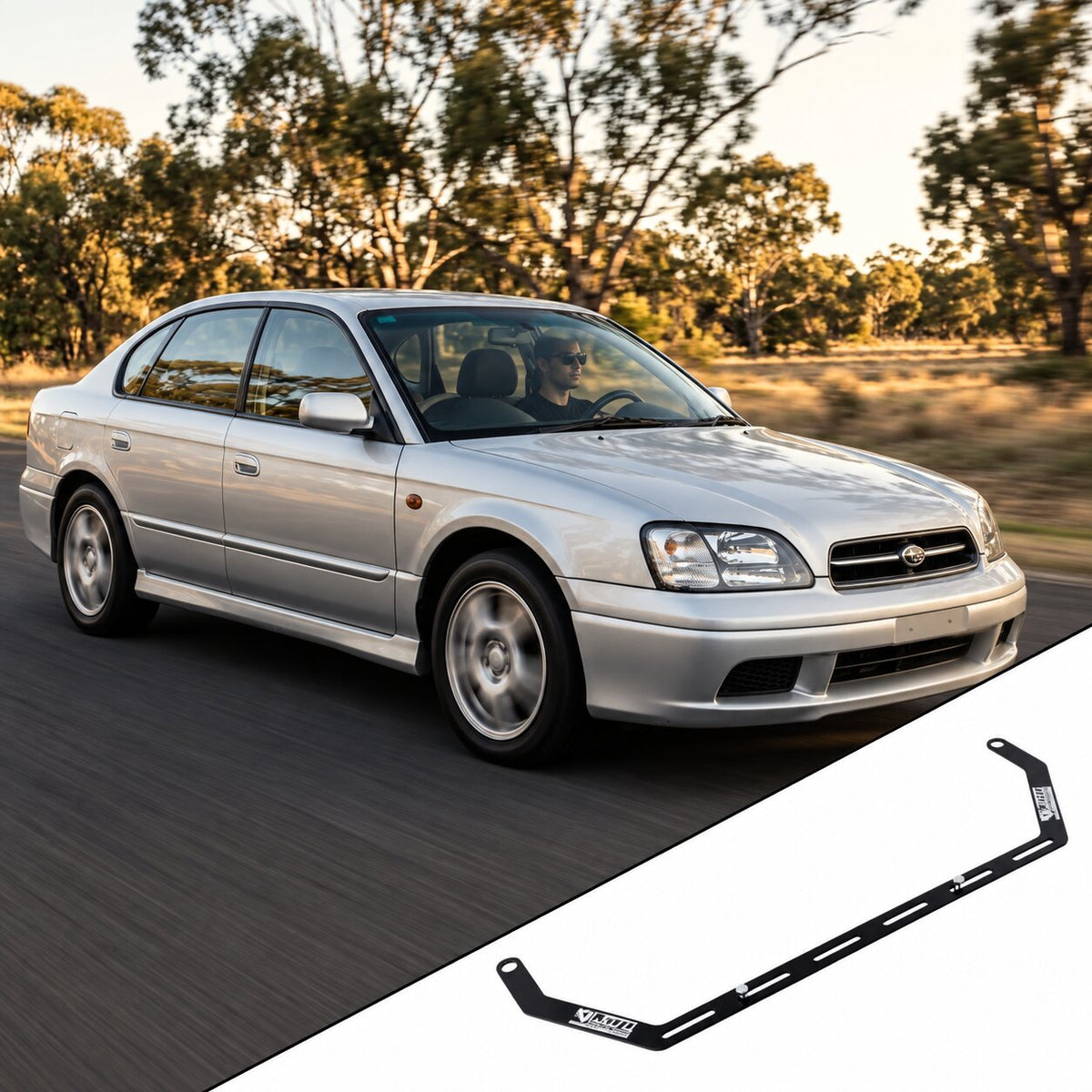 2000-2004 Subaru Legacy BE with the vehicle-specific KAP fire extinguisher bracket shown inset