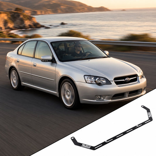 2005-2009 Subaru Legacy BL with the vehicle-specific KAP fire extinguisher bracket shown inset