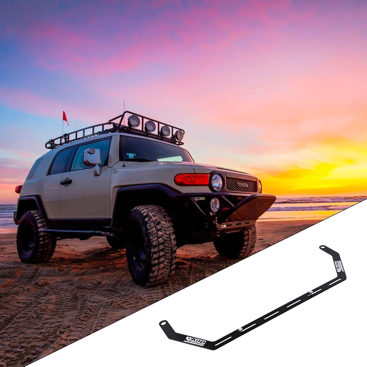 2007-2014 Toyota FJ Cruiser GSJ15 with the vehicle-specific KAP fire extinguisher bracket shown inset