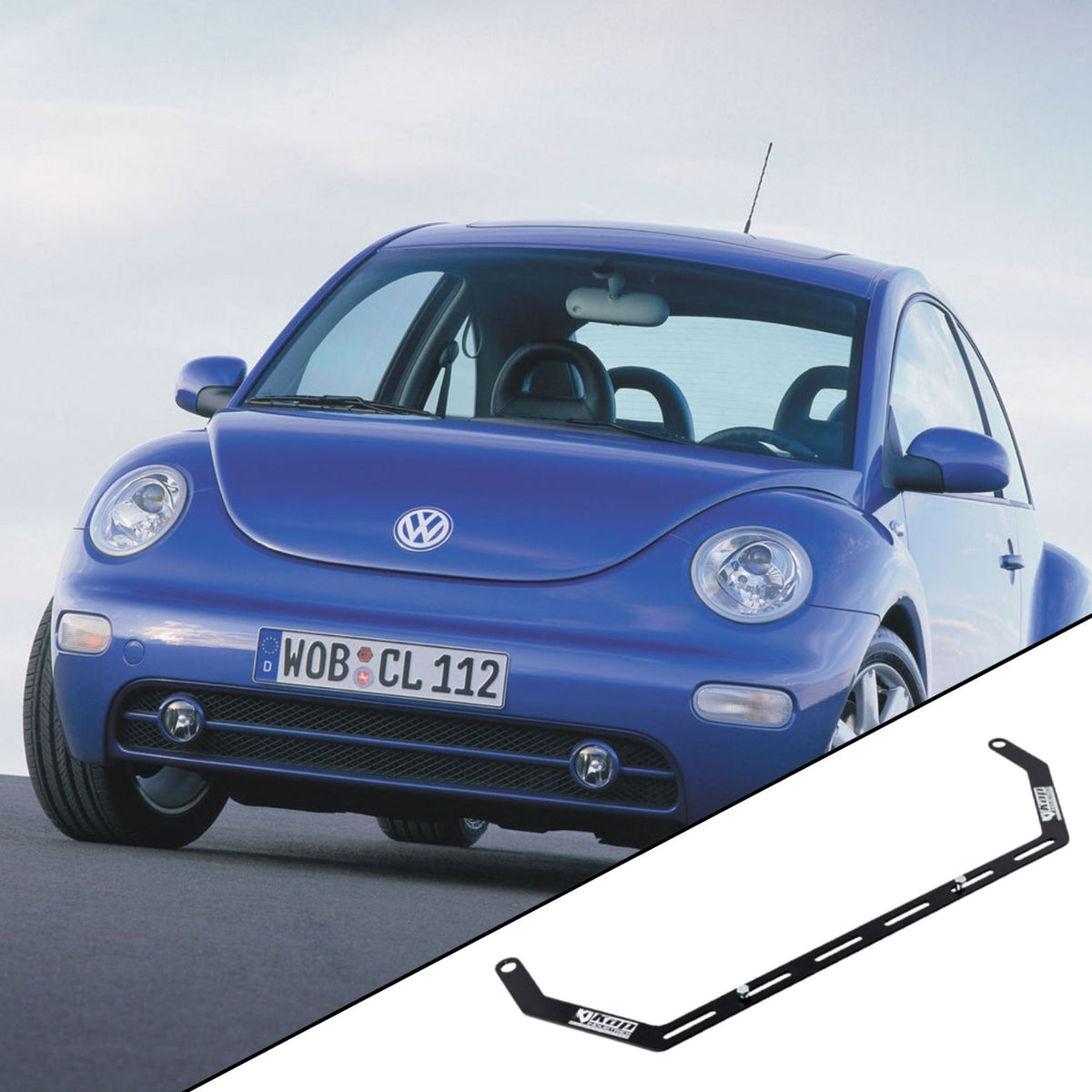 1998-2010 Volkswagen New Beetle A4 (9C) with the vehicle-specific KAP fire extinguisher bracket shown inset